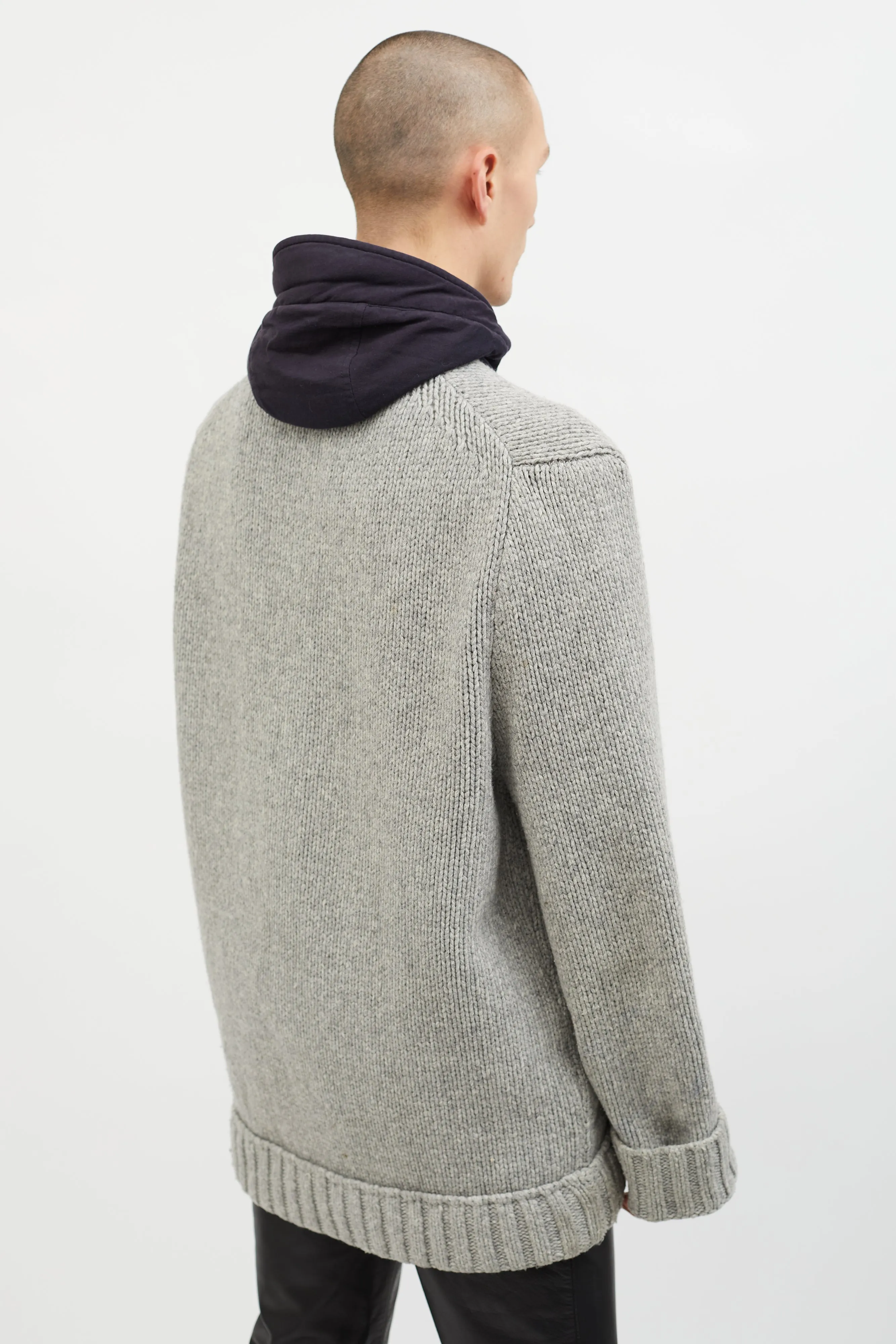 Grey & Navy Wool Hooded Zip Up Sweater