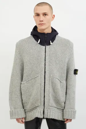 Grey & Navy Wool Hooded Zip Up Sweater