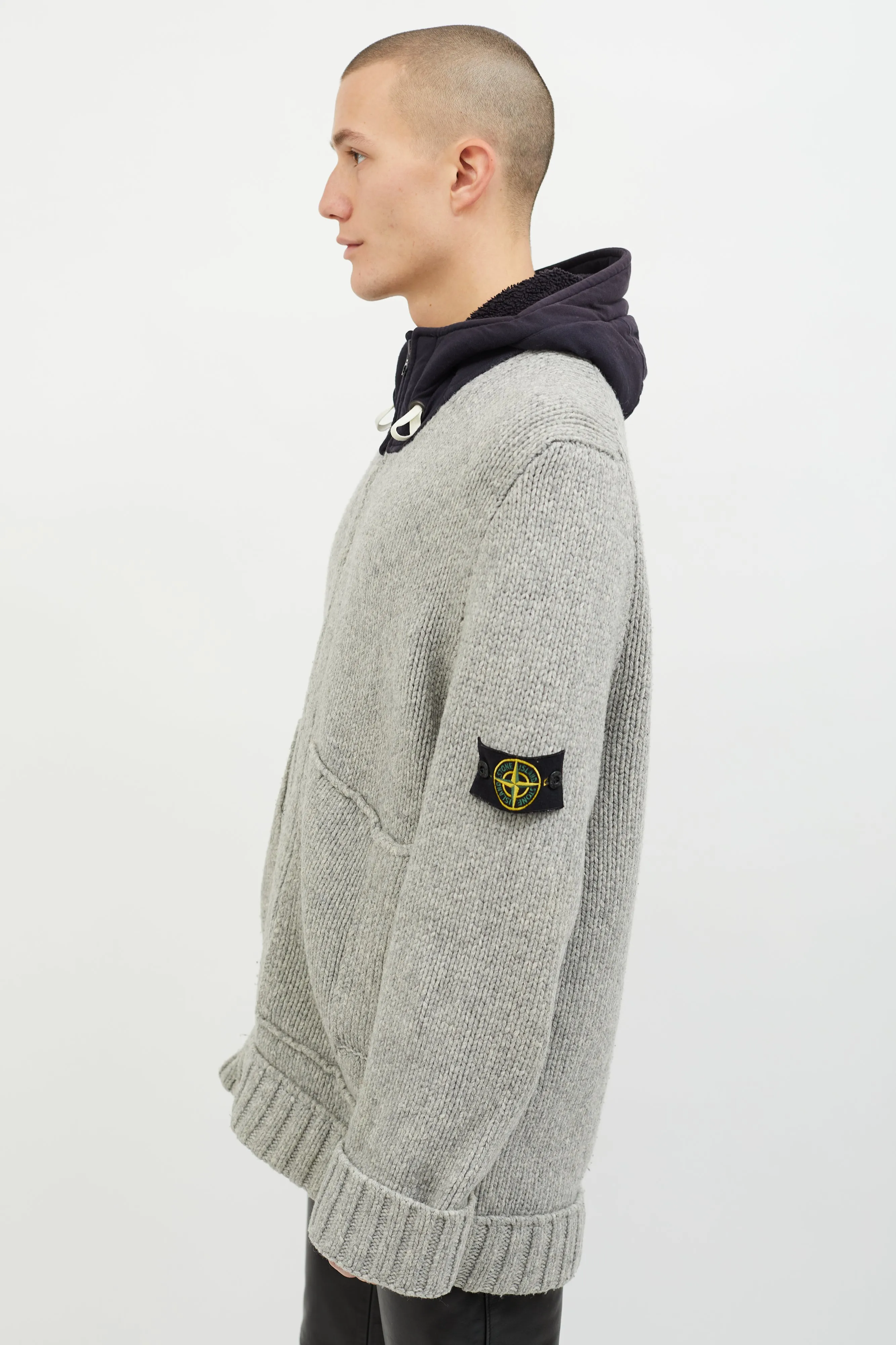 Grey & Navy Wool Hooded Zip Up Sweater