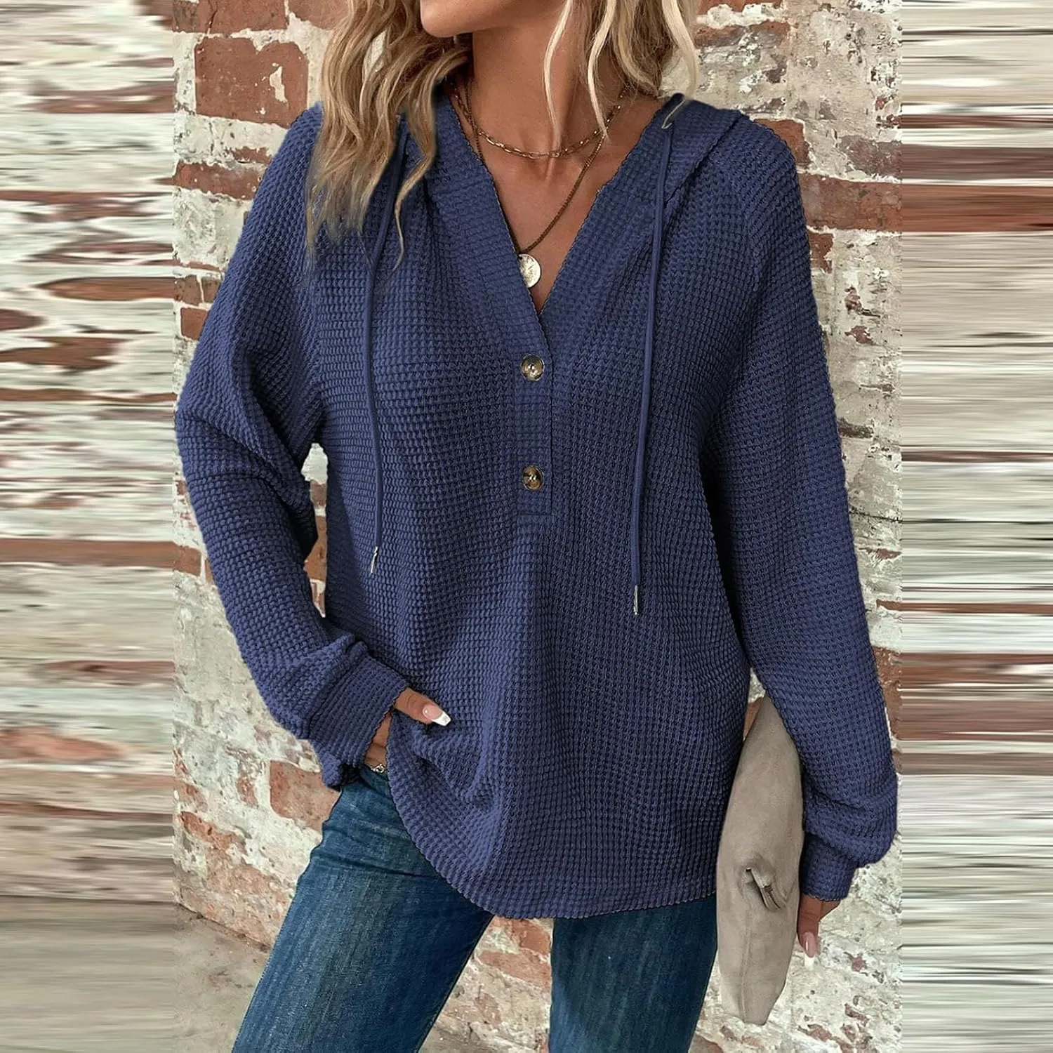 Gumipy Long Sleeve Shirts for Women Waffle V Neck Button Up Shirts Trendy Oversized Hoodies Tshirts Spring Casual Tunic Tops