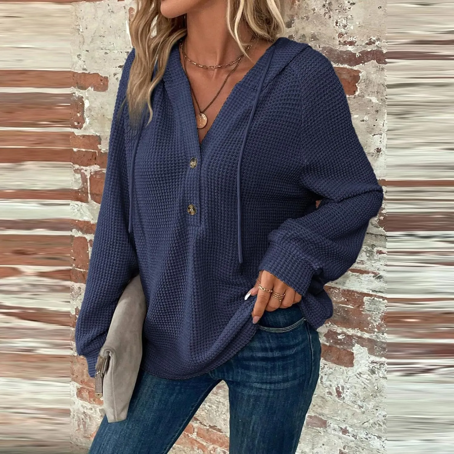 Gumipy Long Sleeve Shirts for Women Waffle V Neck Button Up Shirts Trendy Oversized Hoodies Tshirts Spring Casual Tunic Tops