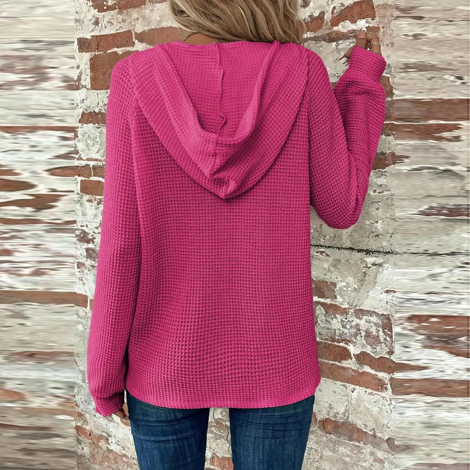 Gumipy Long Sleeve Shirts for Women Waffle V Neck Button Up Shirts Trendy Oversized Hoodies Tshirts Spring Casual Tunic Tops