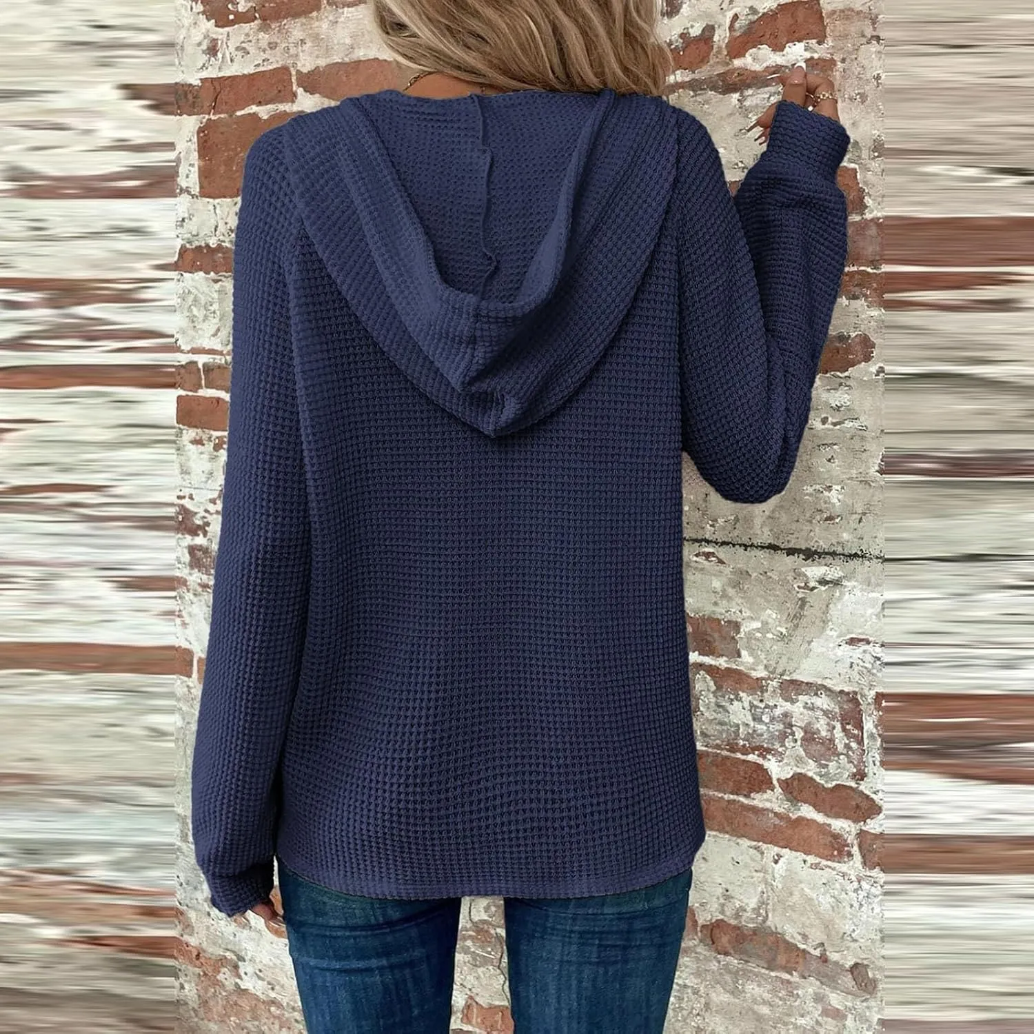 Gumipy Long Sleeve Shirts for Women Waffle V Neck Button Up Shirts Trendy Oversized Hoodies Tshirts Spring Casual Tunic Tops
