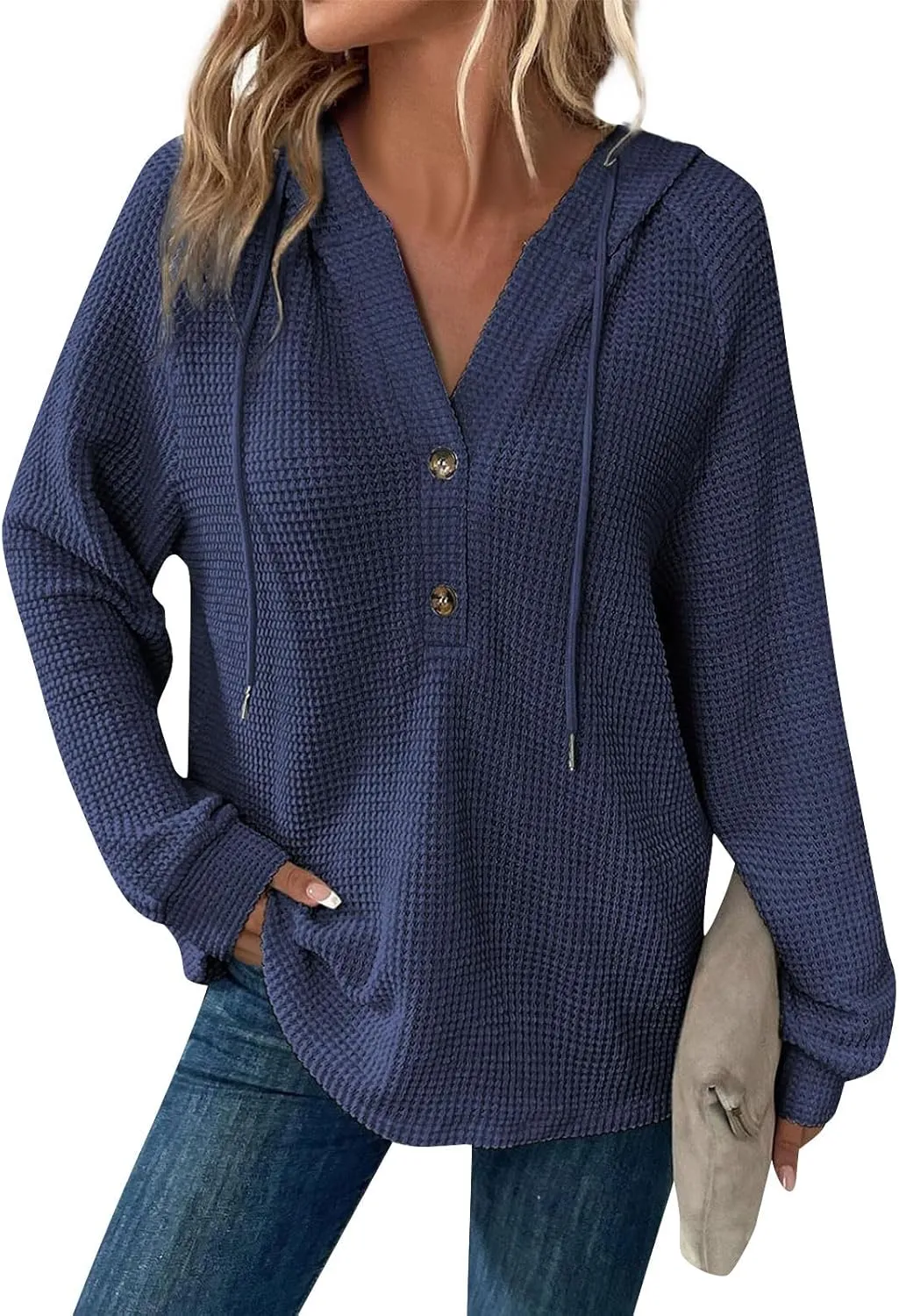 Gumipy Long Sleeve Shirts for Women Waffle V Neck Button Up Shirts Trendy Oversized Hoodies Tshirts Spring Casual Tunic Tops
