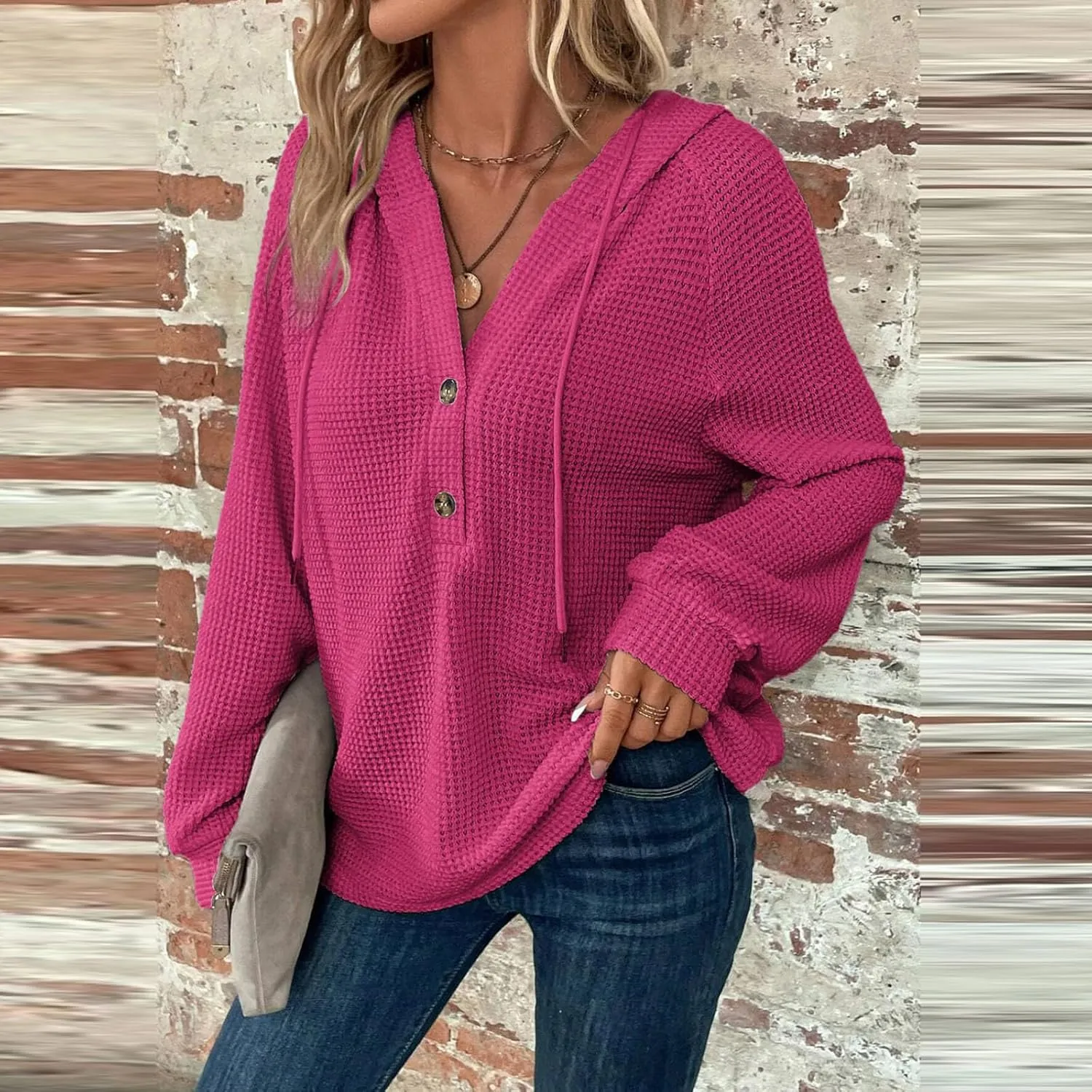 Gumipy Long Sleeve Shirts for Women Waffle V Neck Button Up Shirts Trendy Oversized Hoodies Tshirts Spring Casual Tunic Tops