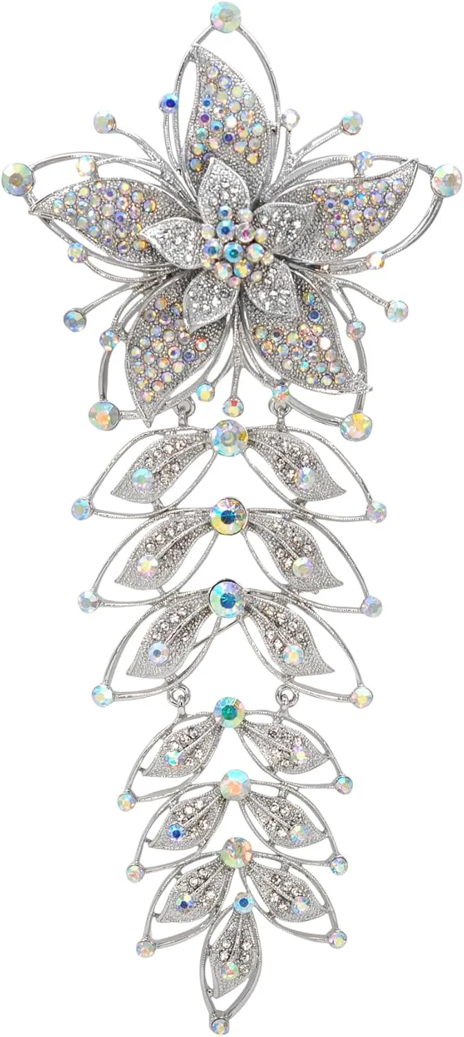 Gyn&Joy 7.87 Inch Aurora Borealis Crystal Rhinestones Large Floral Wedding Bridal Flower Brooch Pin