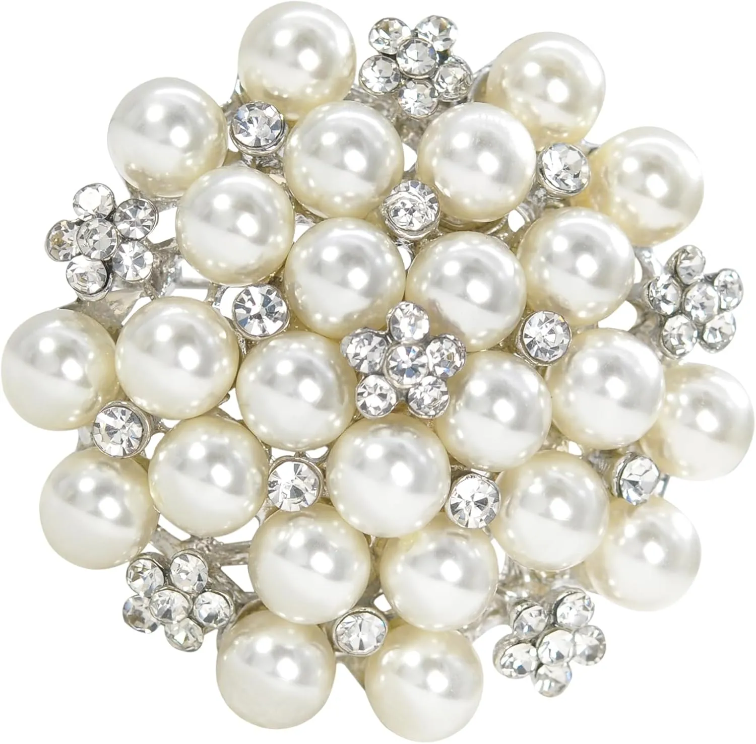 Gyn&Joy Silvery Tone Flower Crystal Rhinestone Faux Pearl Bead Floral Wedding Corsage Pin Brooch