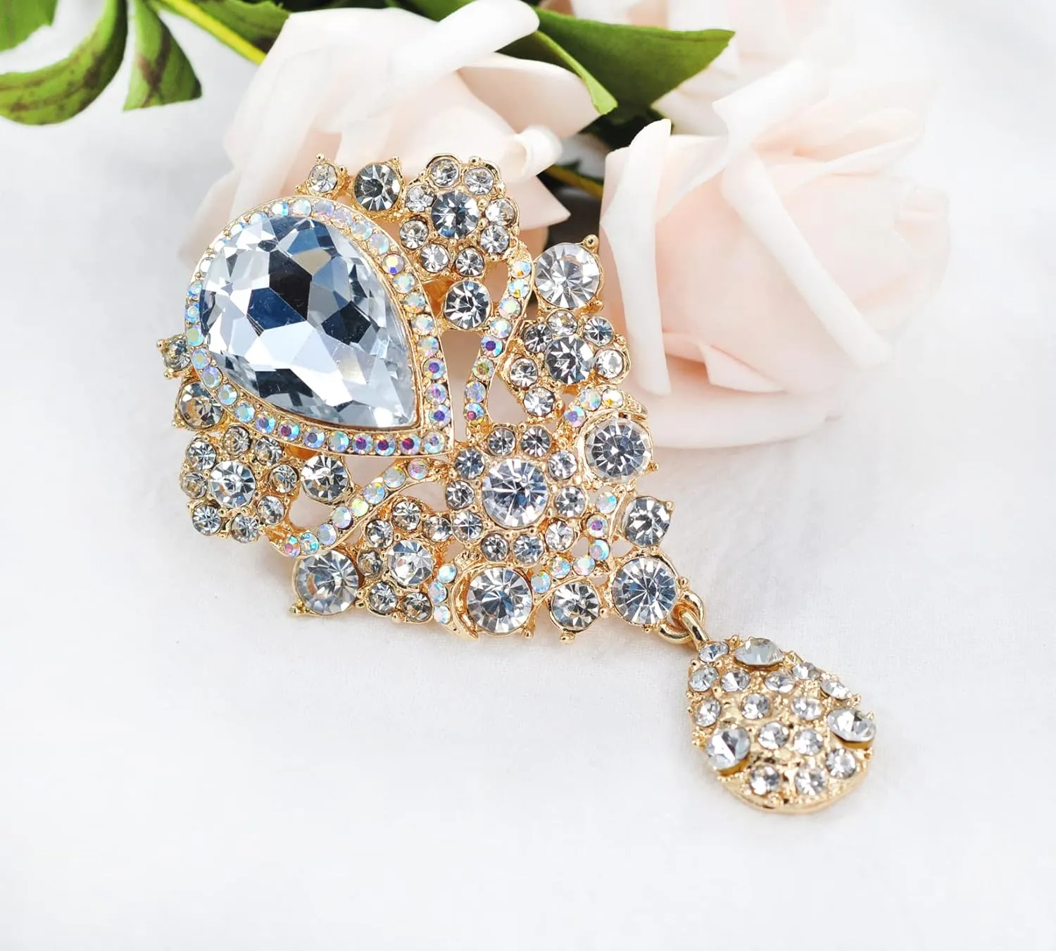 Gyn&Joy Women's Austrian Crystal Bouquet Flower Teardrop Large Gorgeous Brooch Pin