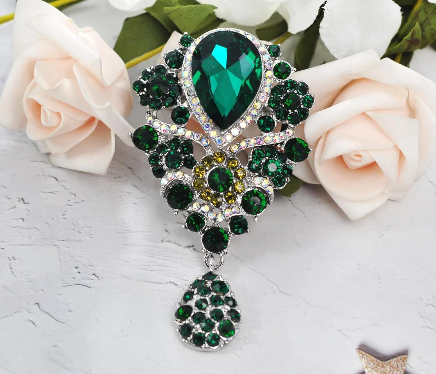 Gyn&Joy Women's Austrian Crystal Bouquet Flower Teardrop Large Gorgeous Brooch Pin