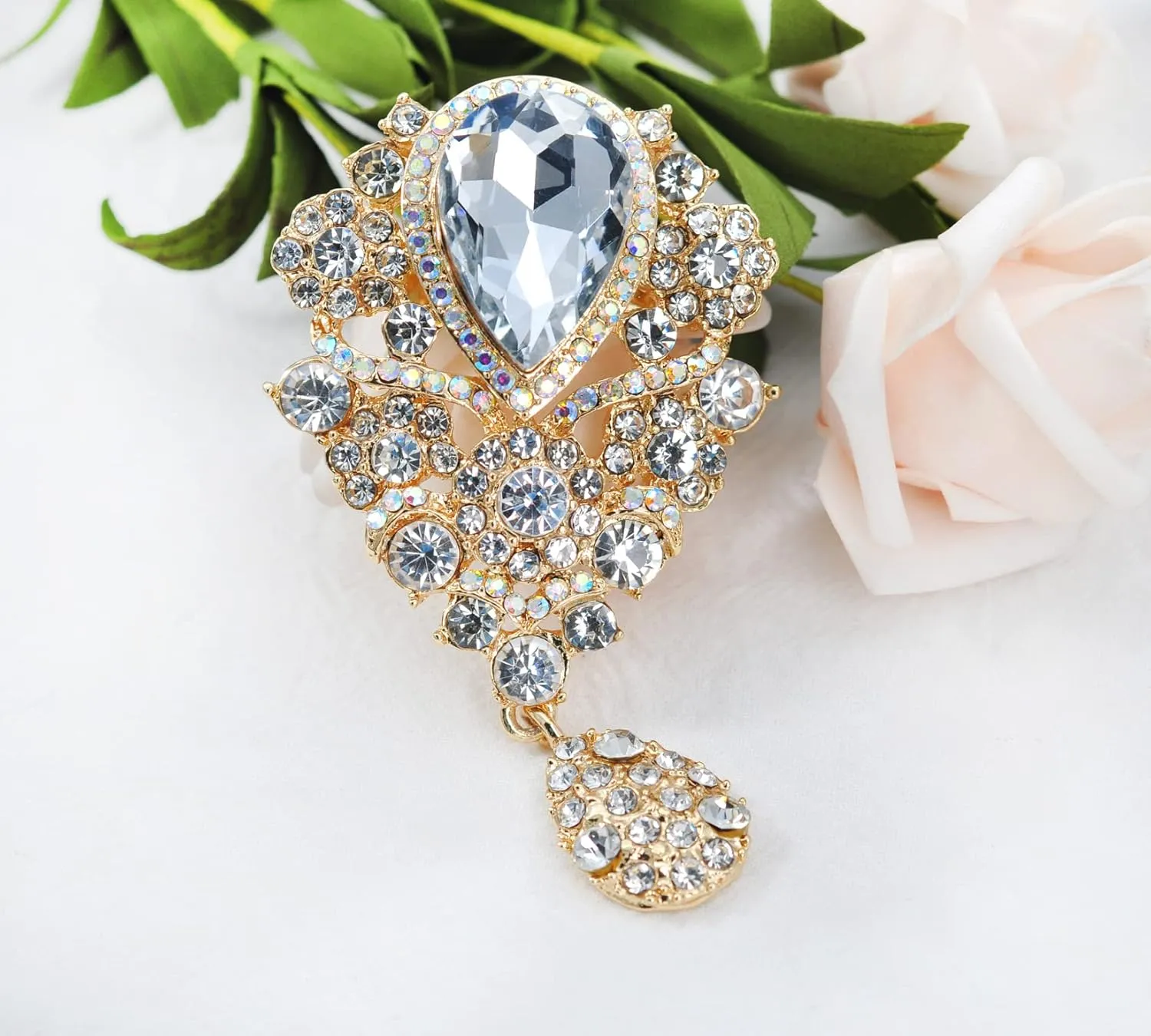 Gyn&Joy Women's Austrian Crystal Bouquet Flower Teardrop Large Gorgeous Brooch Pin