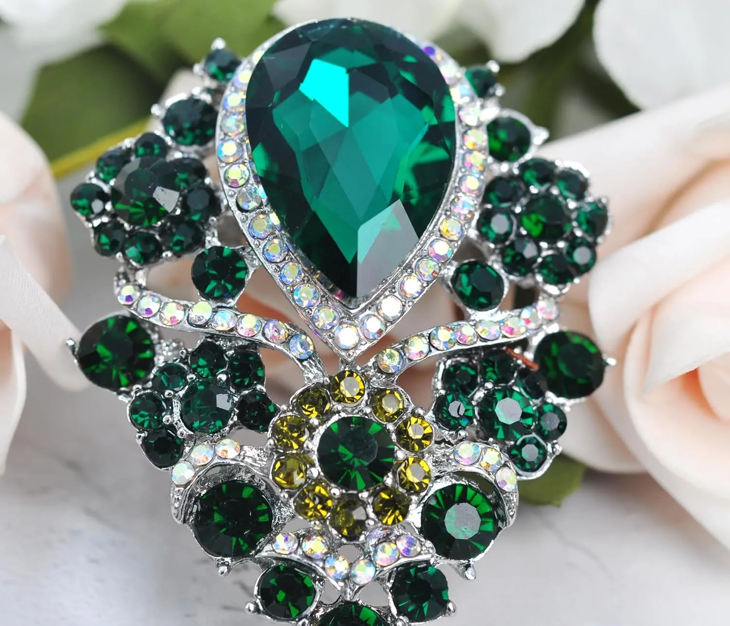 Gyn&Joy Women's Austrian Crystal Bouquet Flower Teardrop Large Gorgeous Brooch Pin