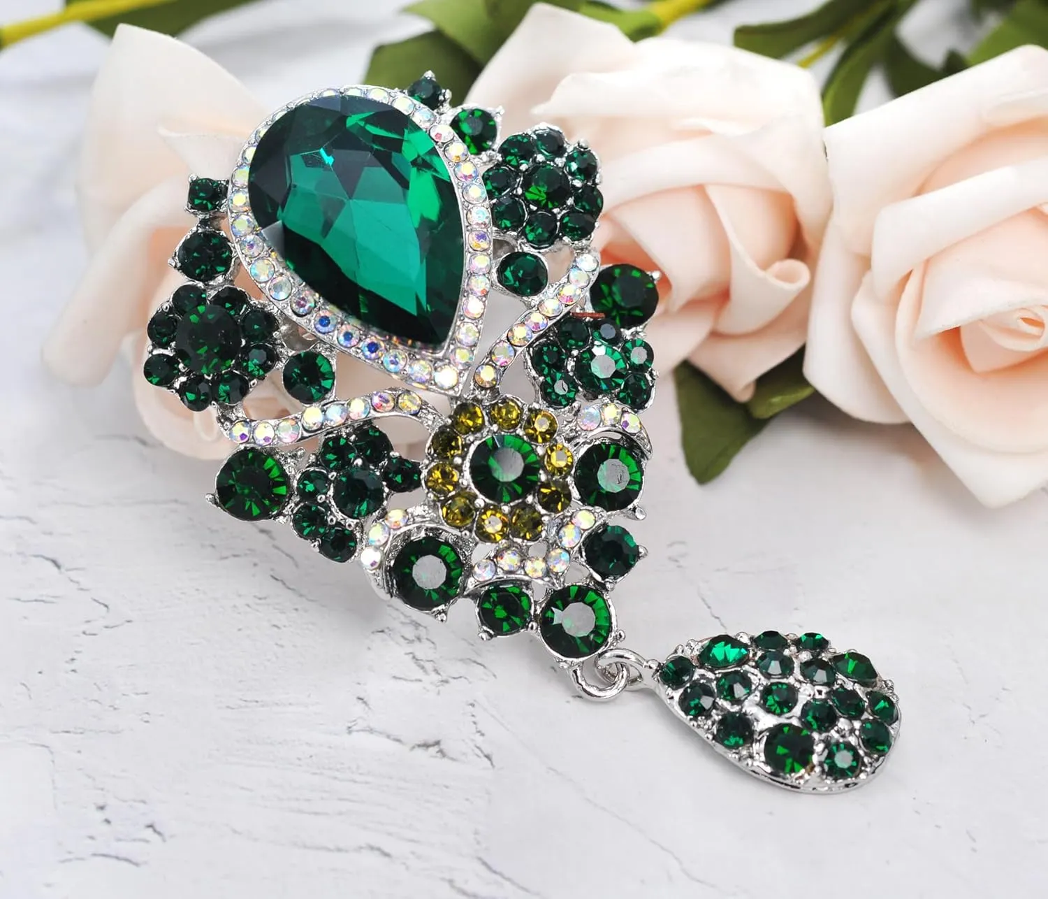 Gyn&Joy Women's Austrian Crystal Bouquet Flower Teardrop Large Gorgeous Brooch Pin