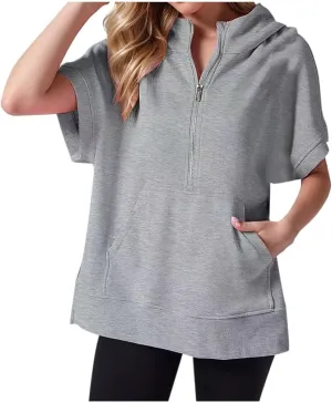 Half Zip Sweatshirt Women Oversized Short Sleeve Hoodies Casual Pullover Tops Loose Fit Summer Shirts with Pockets
