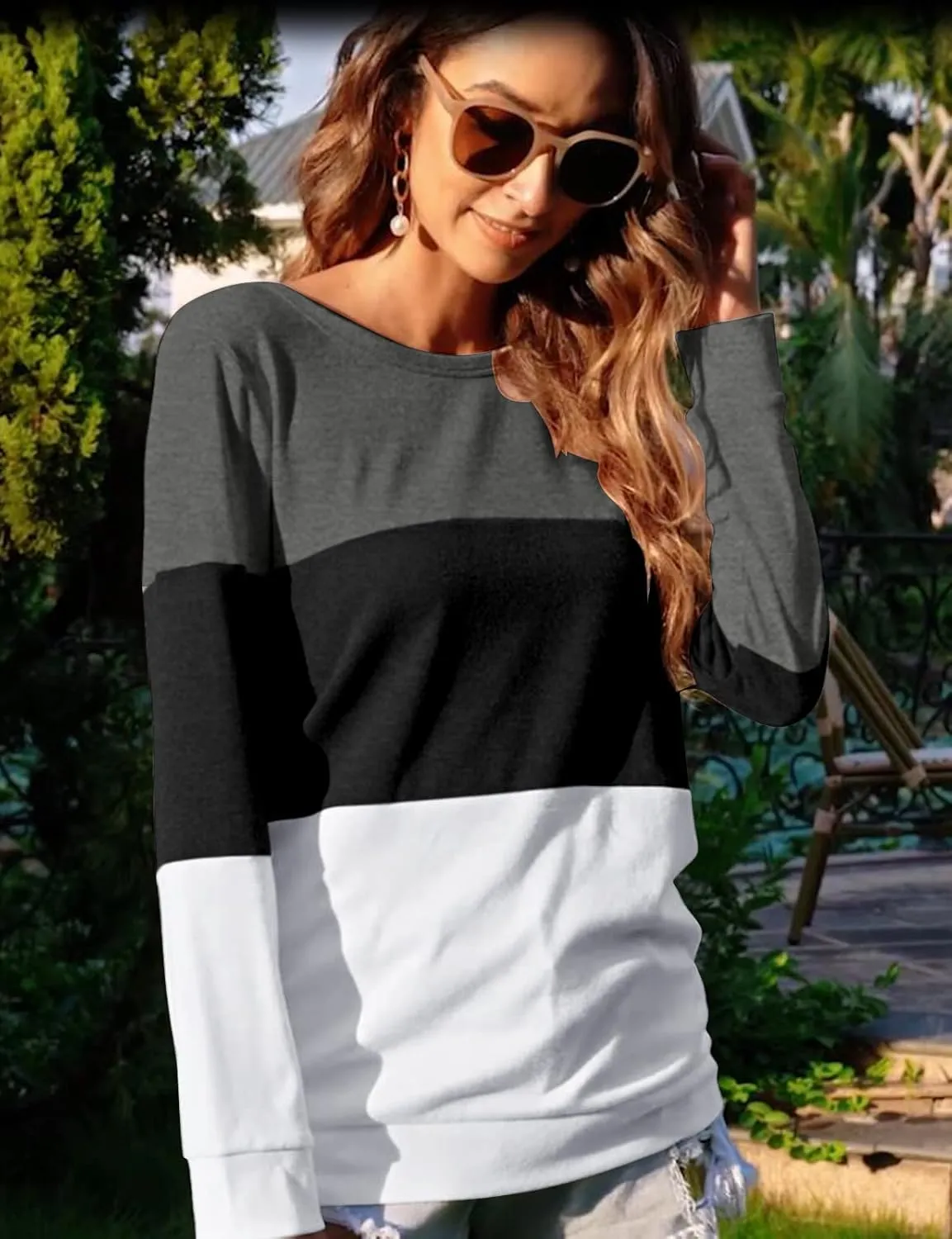 Halife Women's Long Sleeve Color Block Tops Crewneck Sweatshirts Pullover Tunic Shirts Blouses