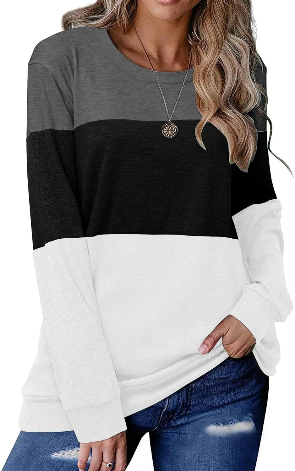 Halife Women's Long Sleeve Color Block Tops Crewneck Sweatshirts Pullover Tunic Shirts Blouses