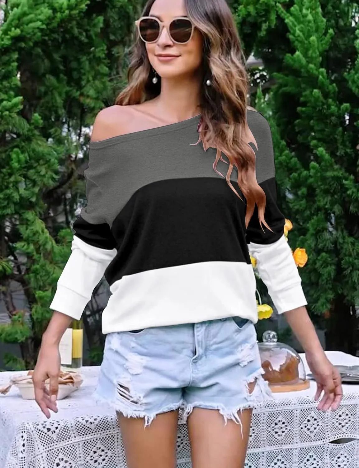 Halife Women's Long Sleeve Color Block Tops Crewneck Sweatshirts Pullover Tunic Shirts Blouses