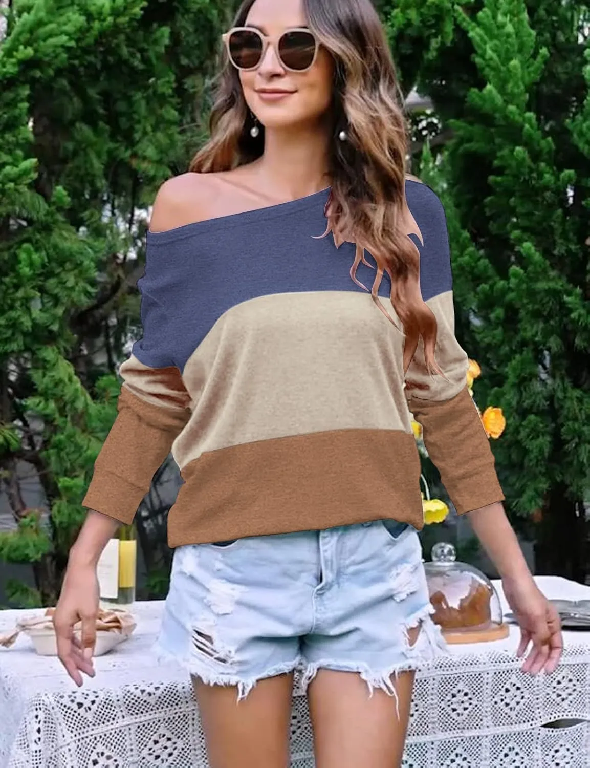 Halife Women's Long Sleeve Color Block Tops Crewneck Sweatshirts Pullover Tunic Shirts Blouses
