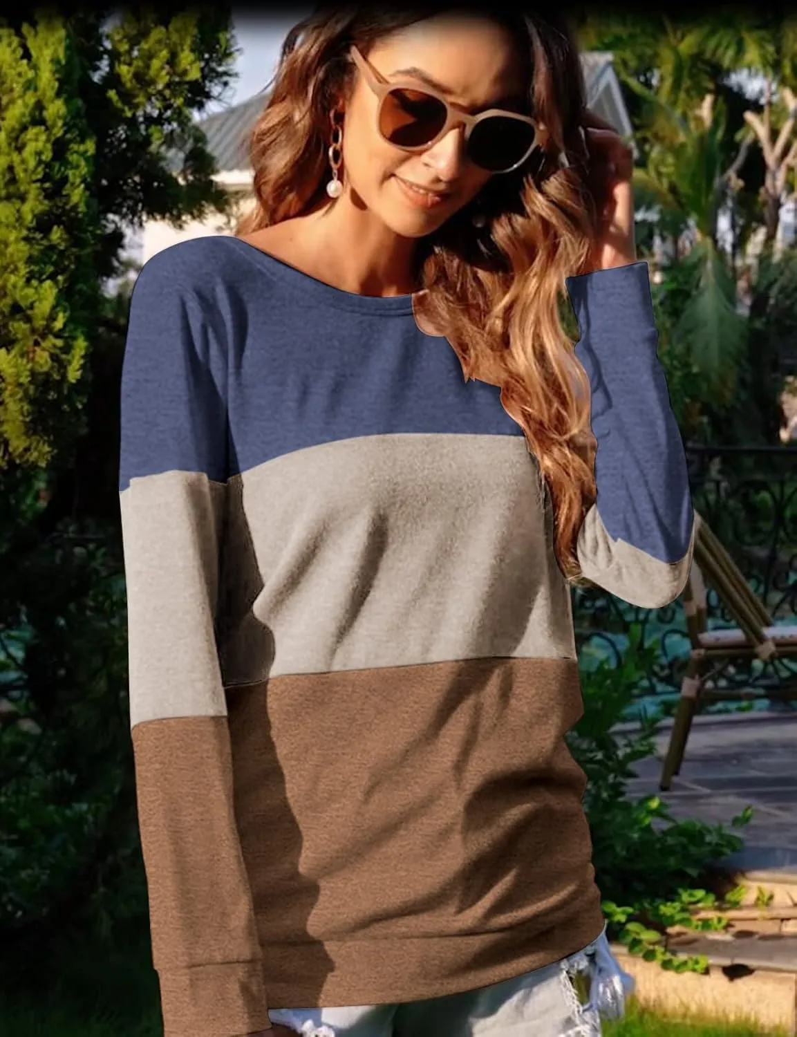 Halife Women's Long Sleeve Color Block Tops Crewneck Sweatshirts Pullover Tunic Shirts Blouses