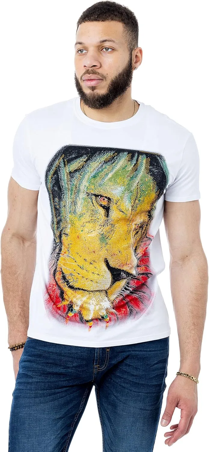 HEADS OR TAILS Mens Graphic T-Shirts with Rhinestones, Animal Design Bling Stone Studded, Slim Fit Knit Cool T Shirts for Men