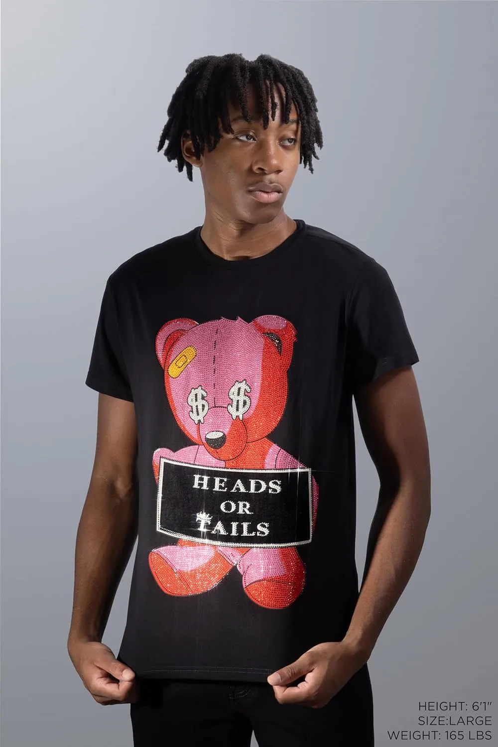 HEADS OR TAILS Mens Graphic T-Shirts with Rhinestones, Animal Design Bling Stone Studded, Slim Fit Knit Cool T Shirts for Men