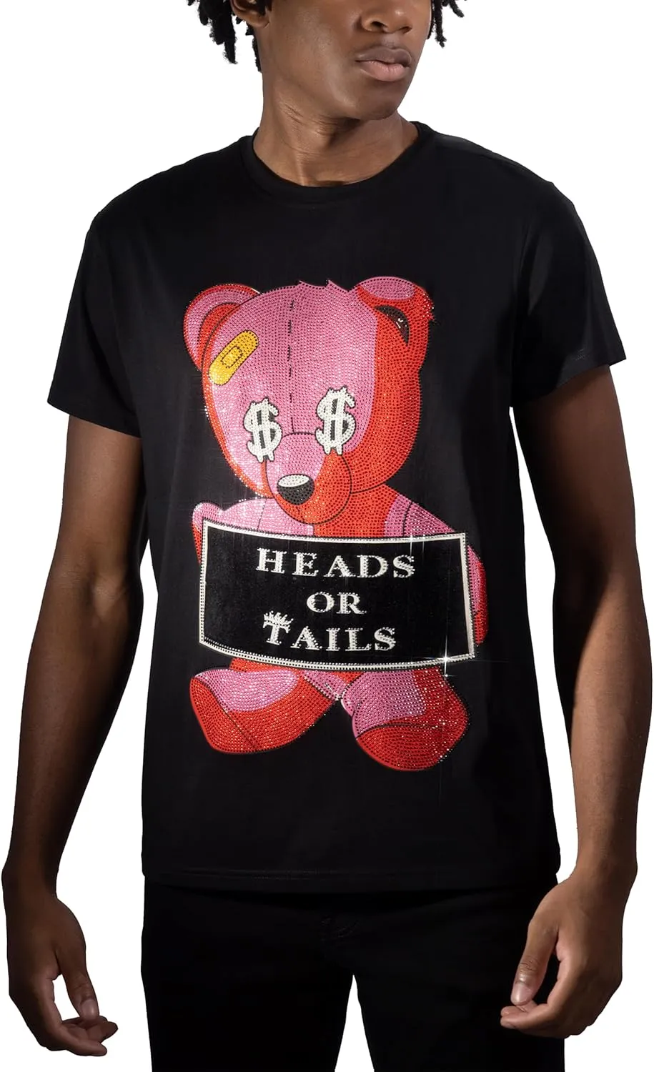 HEADS OR TAILS Mens Graphic T-Shirts with Rhinestones, Animal Design Bling Stone Studded, Slim Fit Knit Cool T Shirts for Men