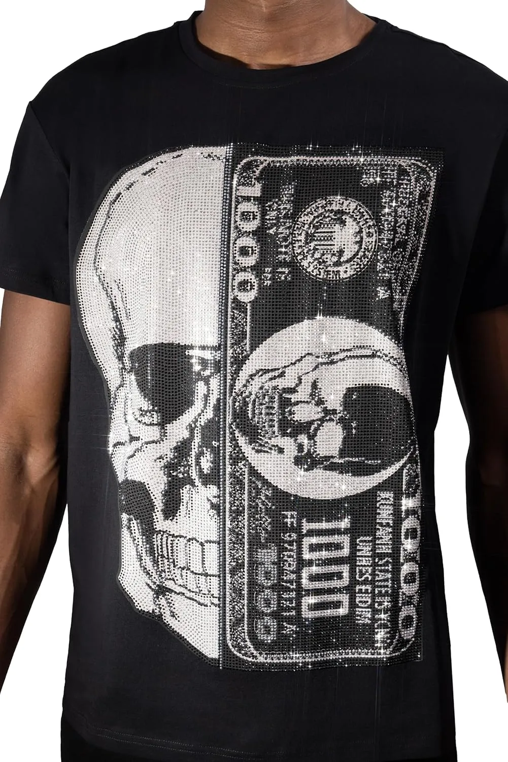 HEADS OR TAILS Mens Graphic T-Shirts w/Rhinestones, Skull Printed Bling Stone Studded, Slim Fit Knit Cool T Shirts for Men