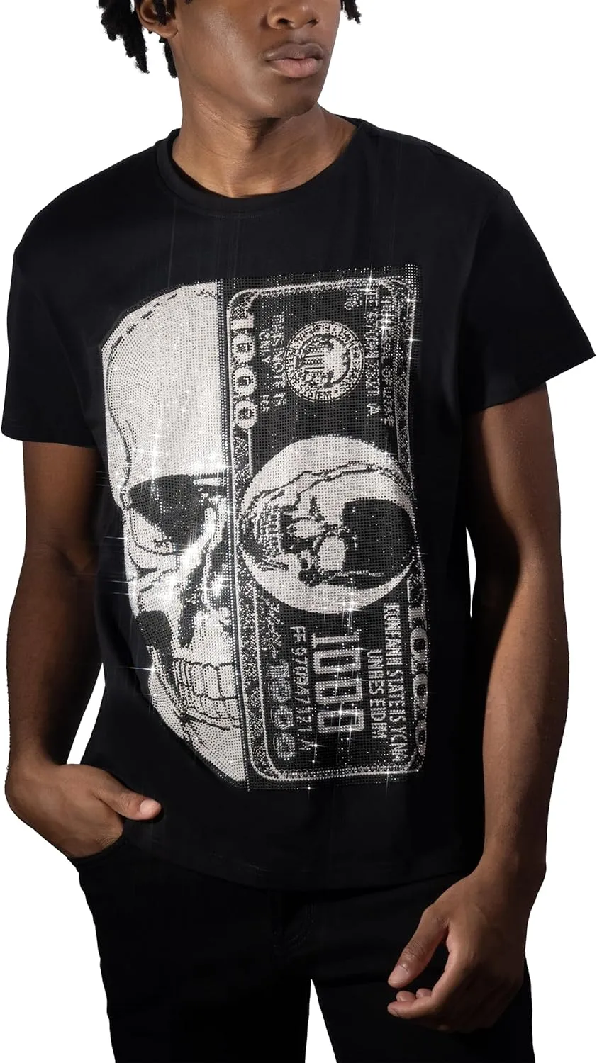 HEADS OR TAILS Mens Graphic T-Shirts w/Rhinestones, Skull Printed Bling Stone Studded, Slim Fit Knit Cool T Shirts for Men