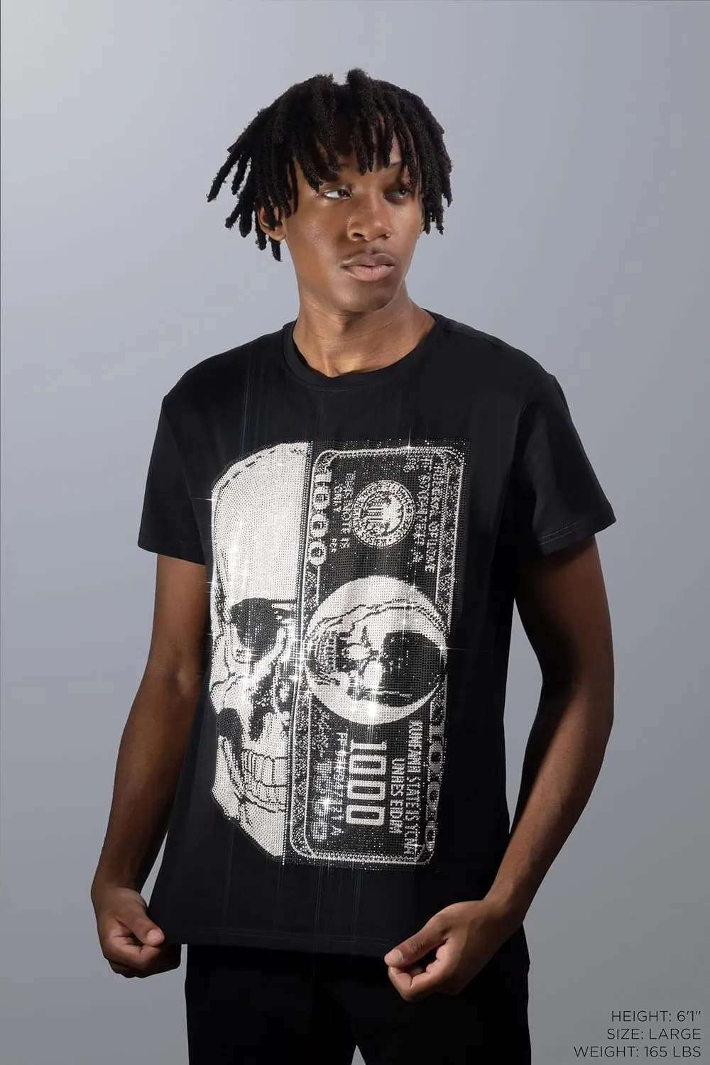 HEADS OR TAILS Mens Graphic T-Shirts w/Rhinestones, Skull Printed Bling Stone Studded, Slim Fit Knit Cool T Shirts for Men