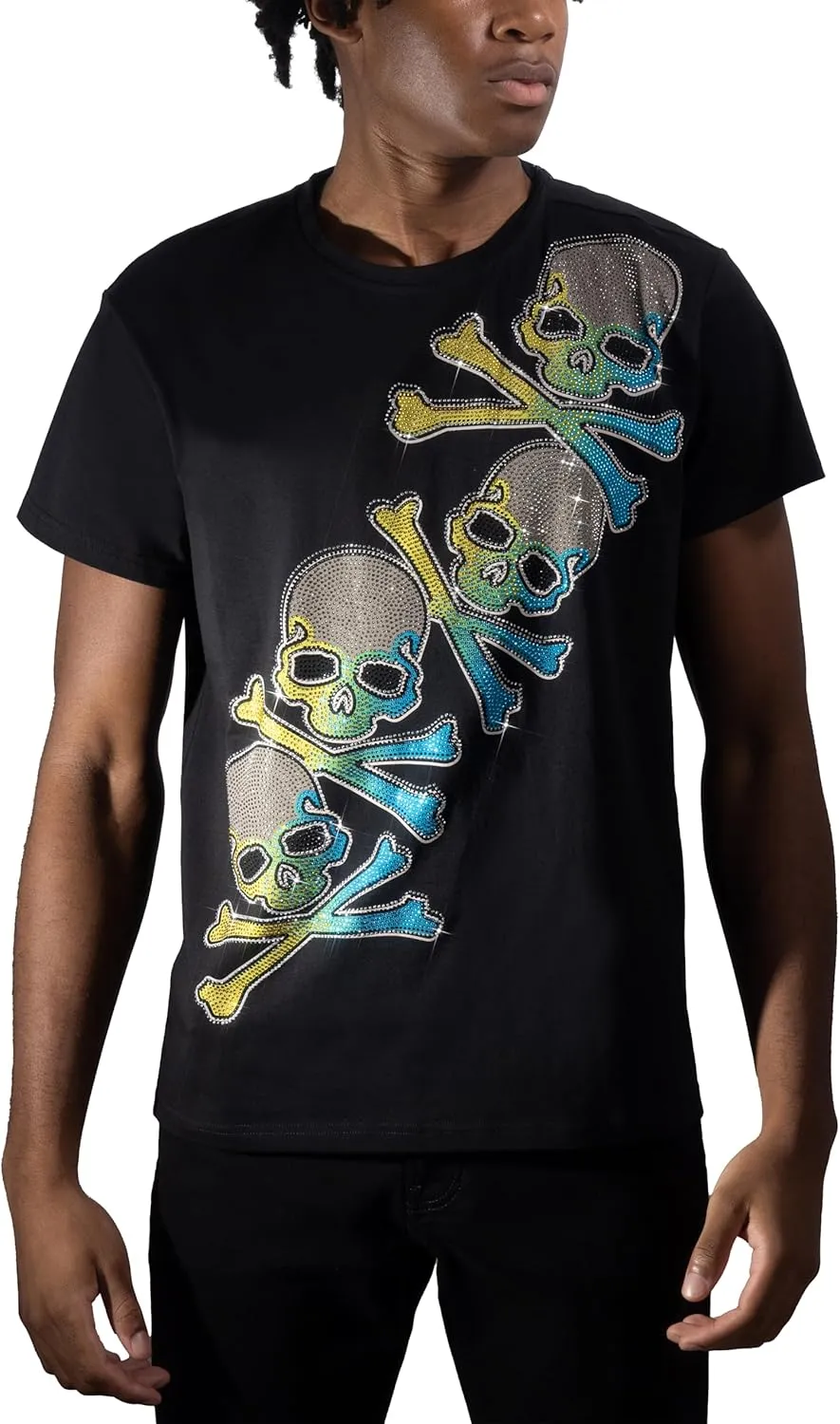 HEADS OR TAILS Mens Graphic T-Shirts w/Rhinestones, Skull Printed Bling Stone Studded, Slim Fit Knit Cool T Shirts for Men