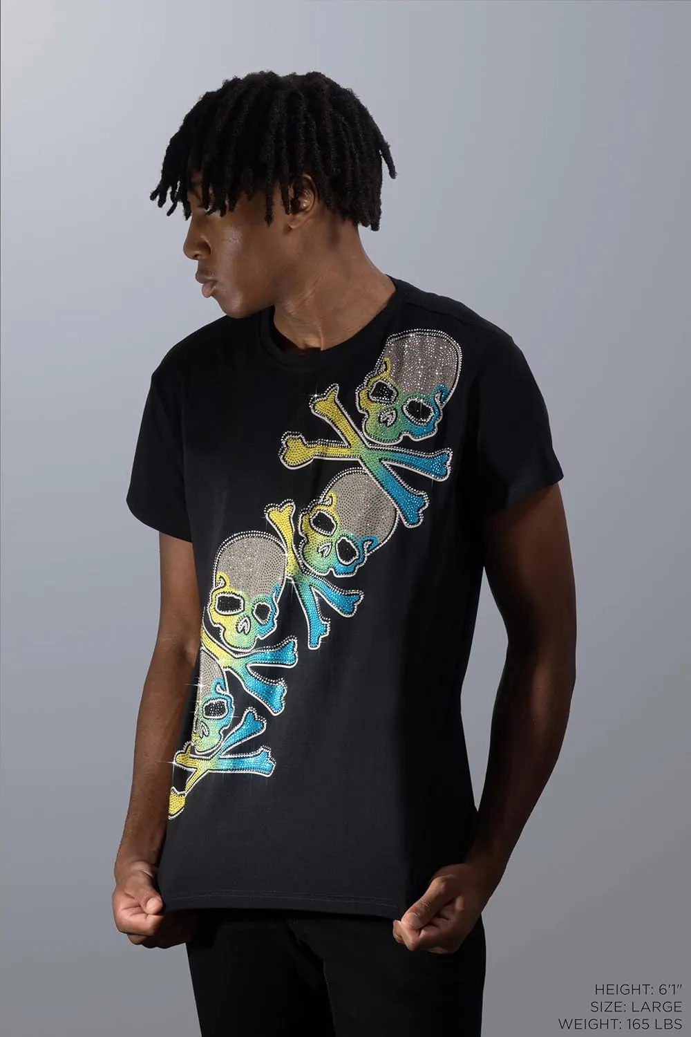 HEADS OR TAILS Mens Graphic T-Shirts w/Rhinestones, Skull Printed Bling Stone Studded, Slim Fit Knit Cool T Shirts for Men