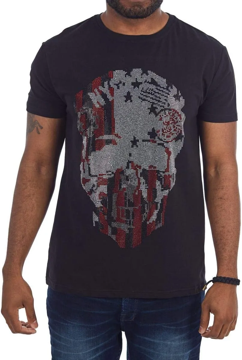 HEADS OR TAILS Mens Graphic T-Shirts w/Rhinestones, Skull Printed Bling Stone Studded, Slim Fit Knit Cool T Shirts for Men