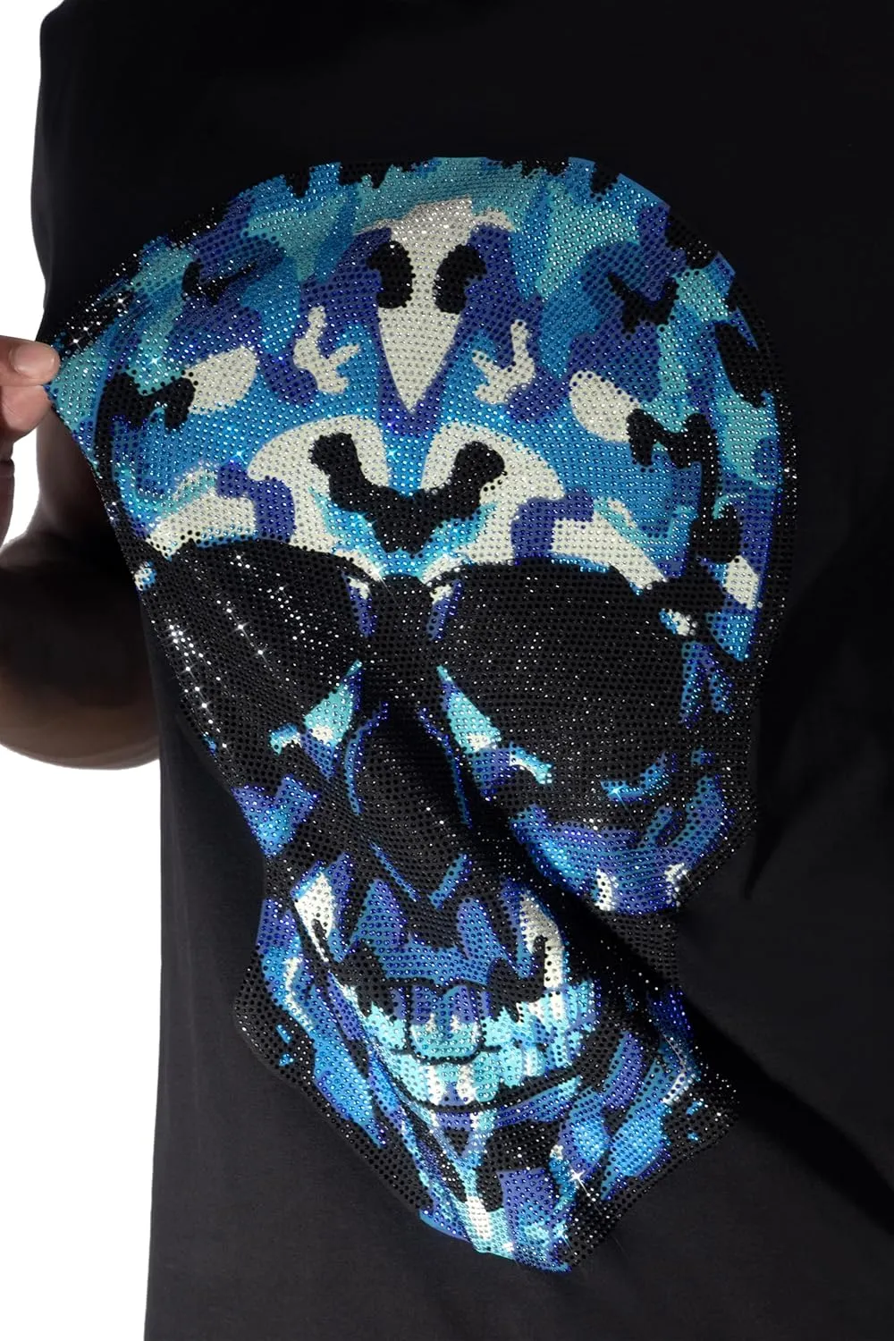 HEADS OR TAILS Mens Graphic T-Shirts w/Rhinestones, Skull Printed Bling Stone Studded, Slim Fit Knit Cool T Shirts for Men