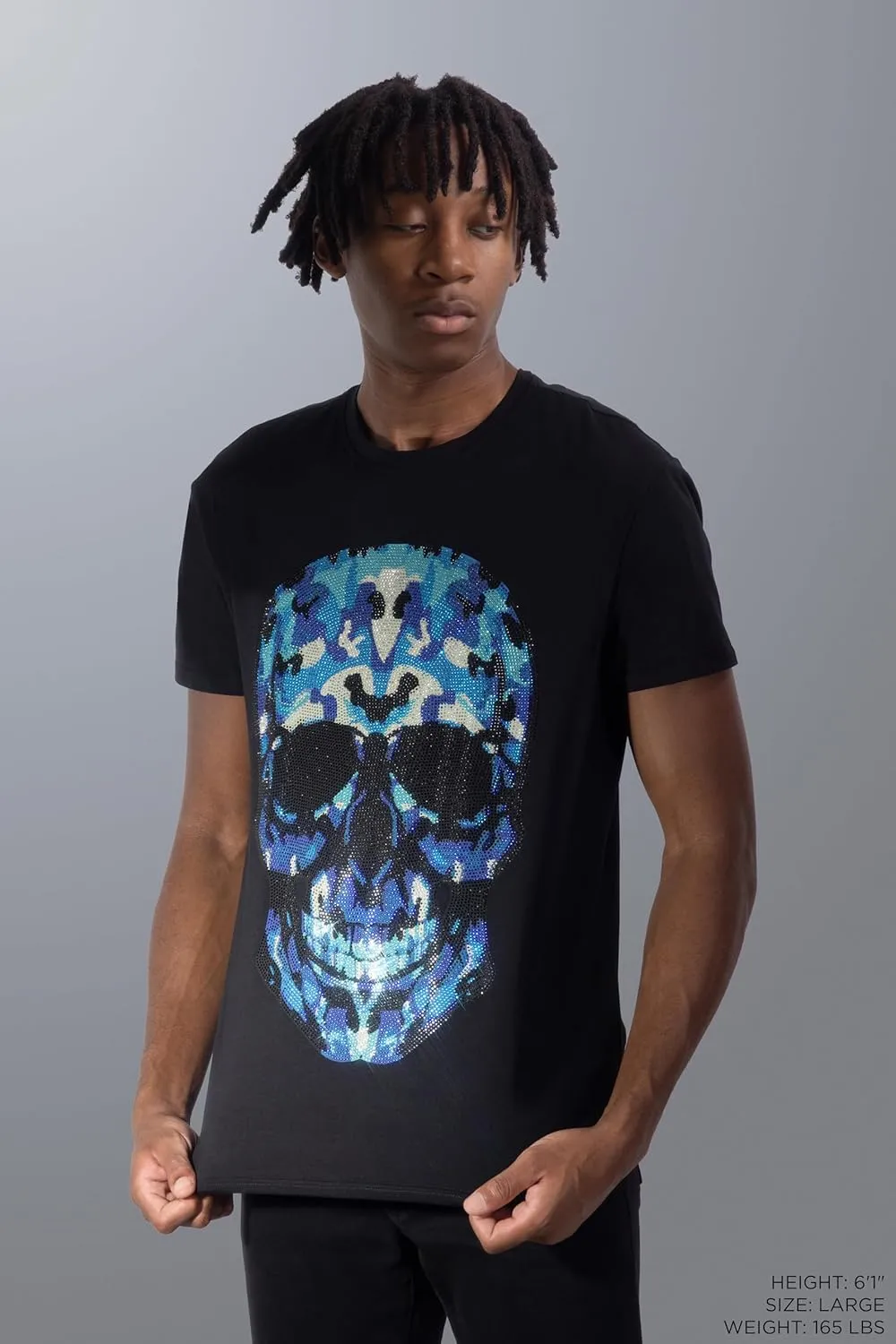 HEADS OR TAILS Mens Graphic T-Shirts w/Rhinestones, Skull Printed Bling Stone Studded, Slim Fit Knit Cool T Shirts for Men