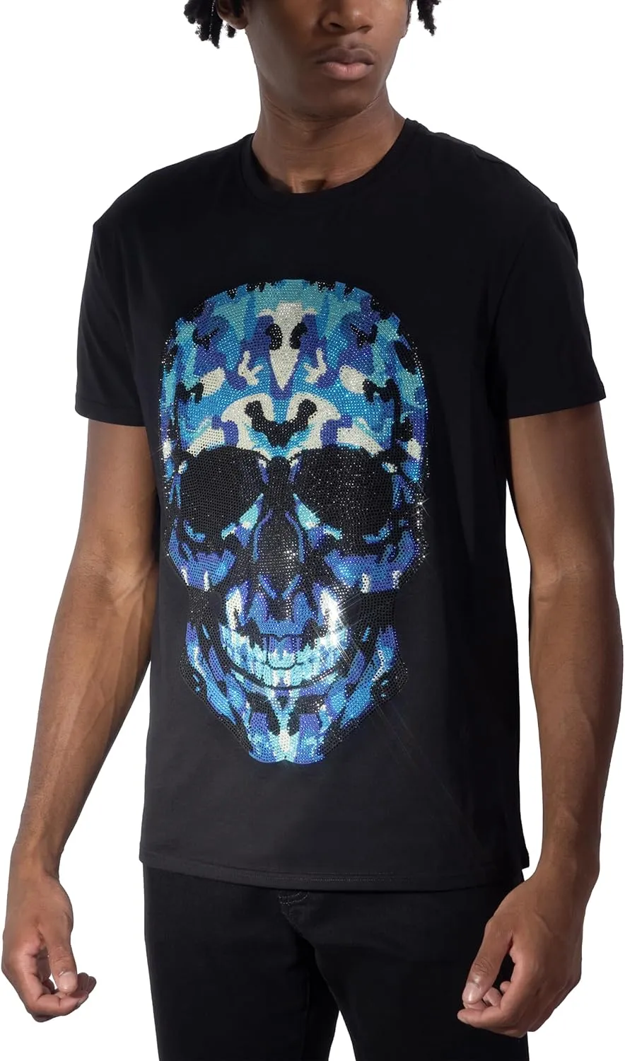 HEADS OR TAILS Mens Graphic T-Shirts w/Rhinestones, Skull Printed Bling Stone Studded, Slim Fit Knit Cool T Shirts for Men