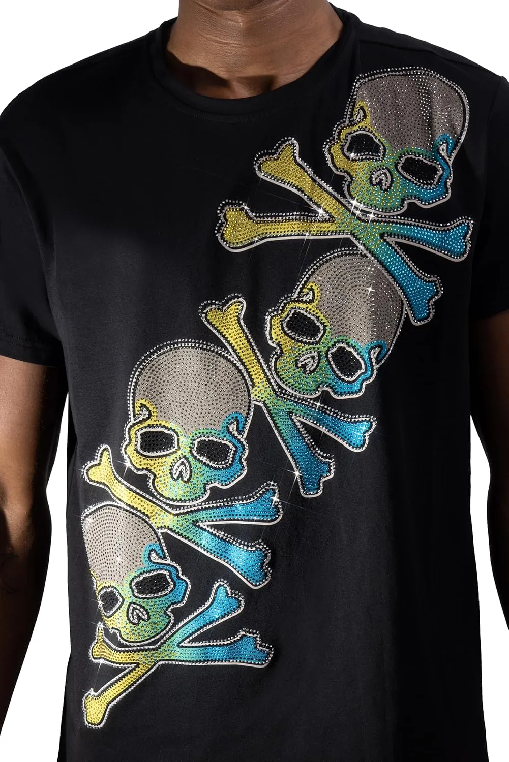 HEADS OR TAILS Mens Graphic T-Shirts w/Rhinestones, Skull Printed Bling Stone Studded, Slim Fit Knit Cool T Shirts for Men