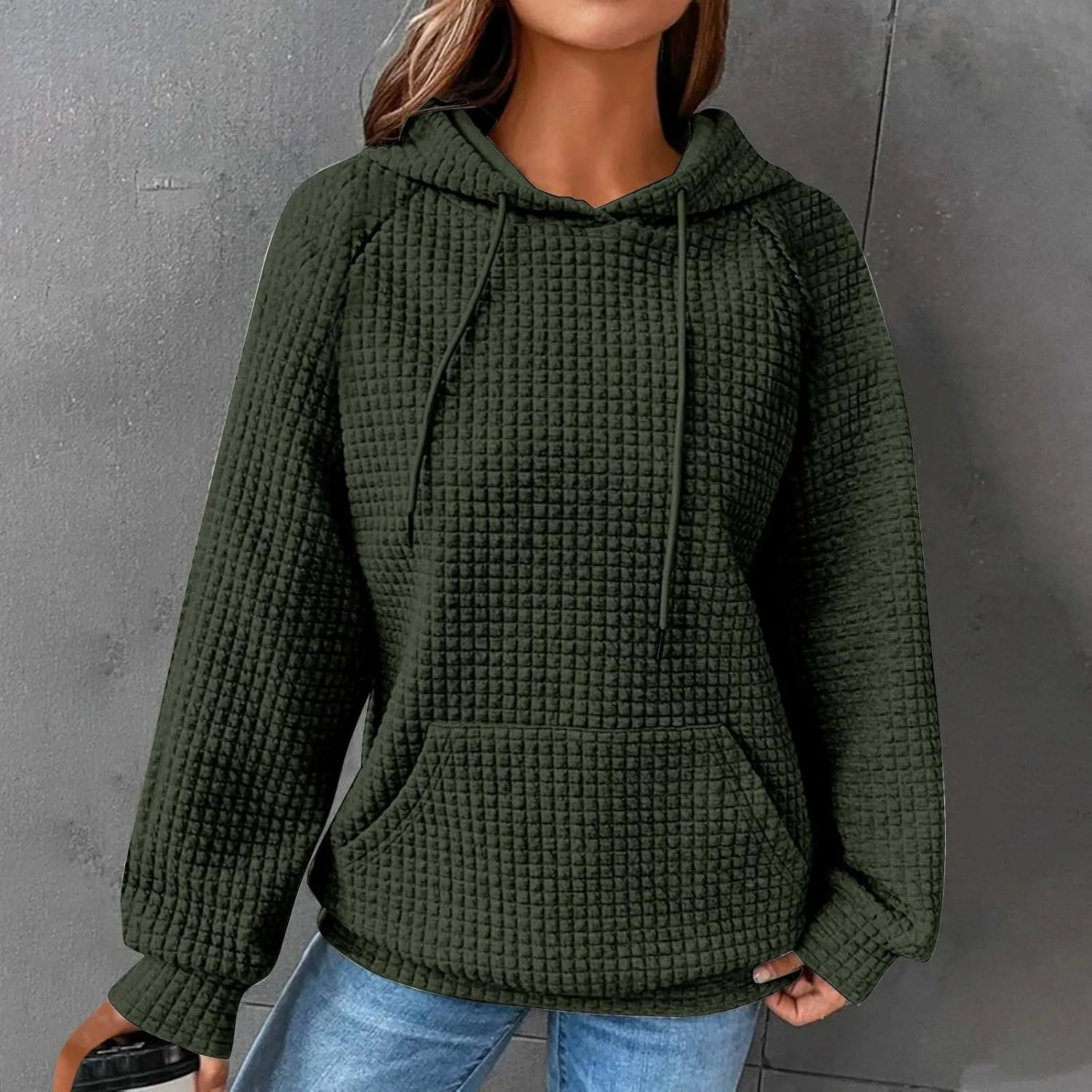 Hoodies for Women Long Sleeve Waffle Knit Sweatshirt Oversized Drawstring Hoodie Loose Hoodie Sweatshirt with Pocket
