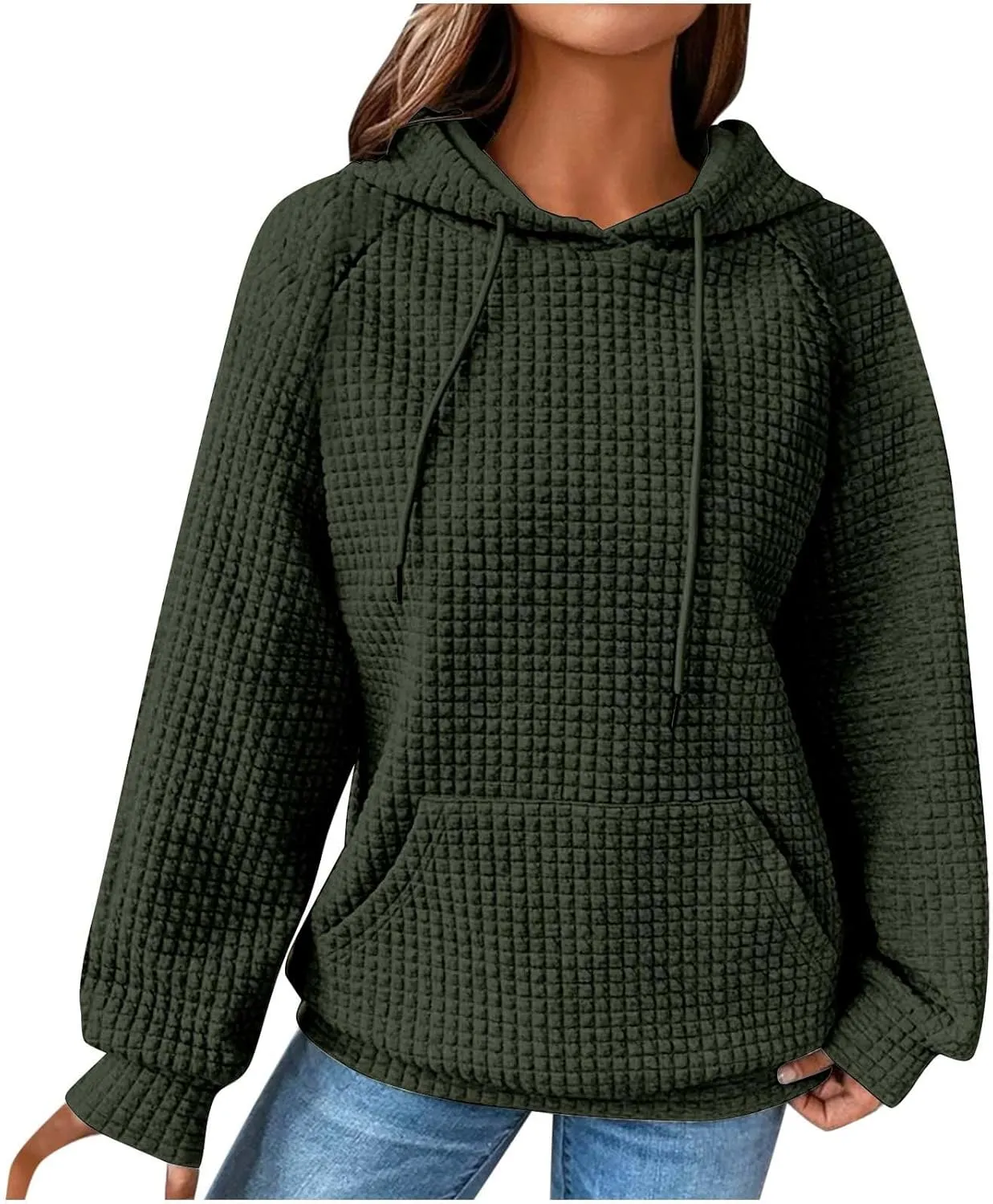 Hoodies for Women Long Sleeve Waffle Knit Sweatshirt Oversized Drawstring Hoodie Loose Hoodie Sweatshirt with Pocket