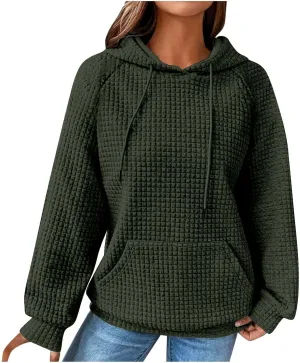 Hoodies for Women Long Sleeve Waffle Knit Sweatshirt Oversized Drawstring Hoodie Loose Hoodie Sweatshirt with Pocket