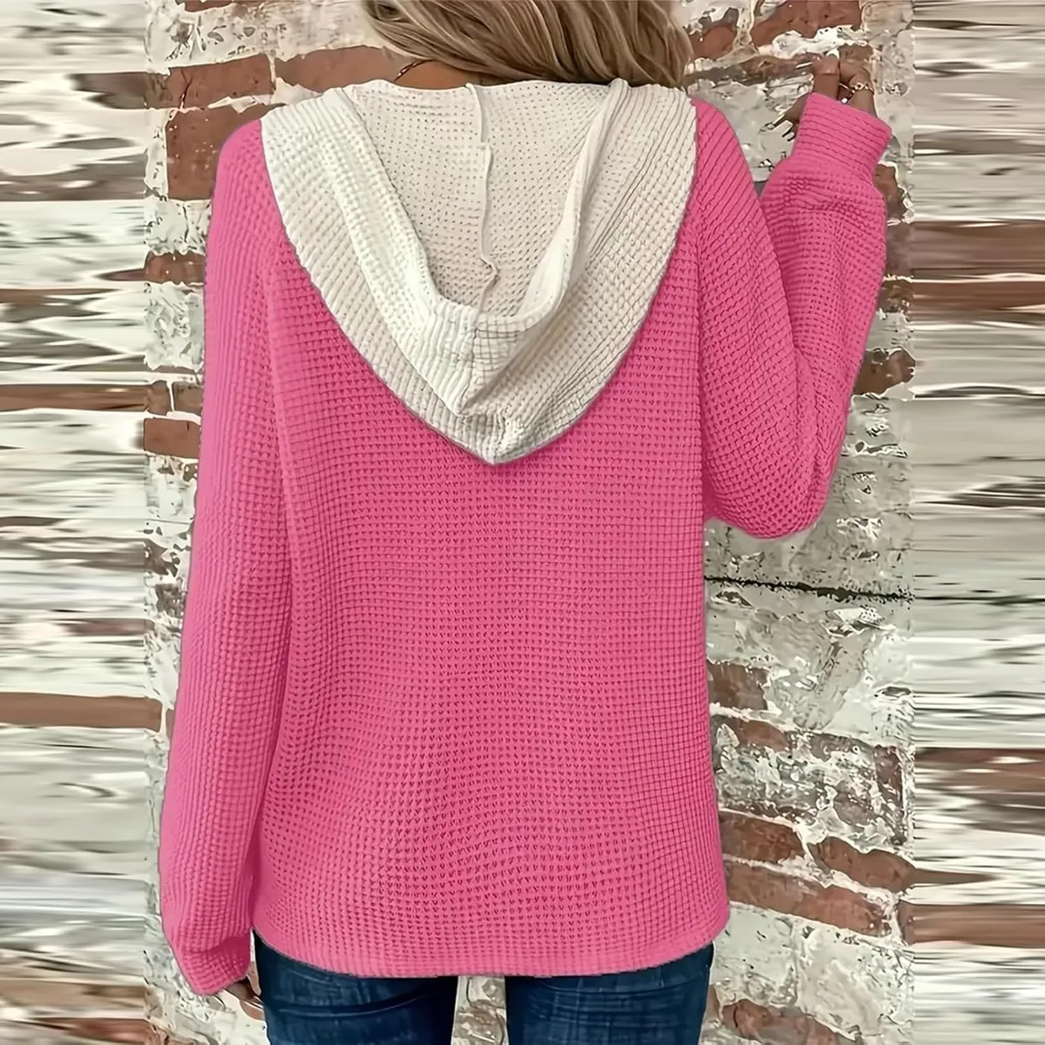 Hoodies for Women Waffle Knit Long Sleeve Drawstring Button V Neck Casual Pullover Sweatshirt Oversized Shirts Y2k Top