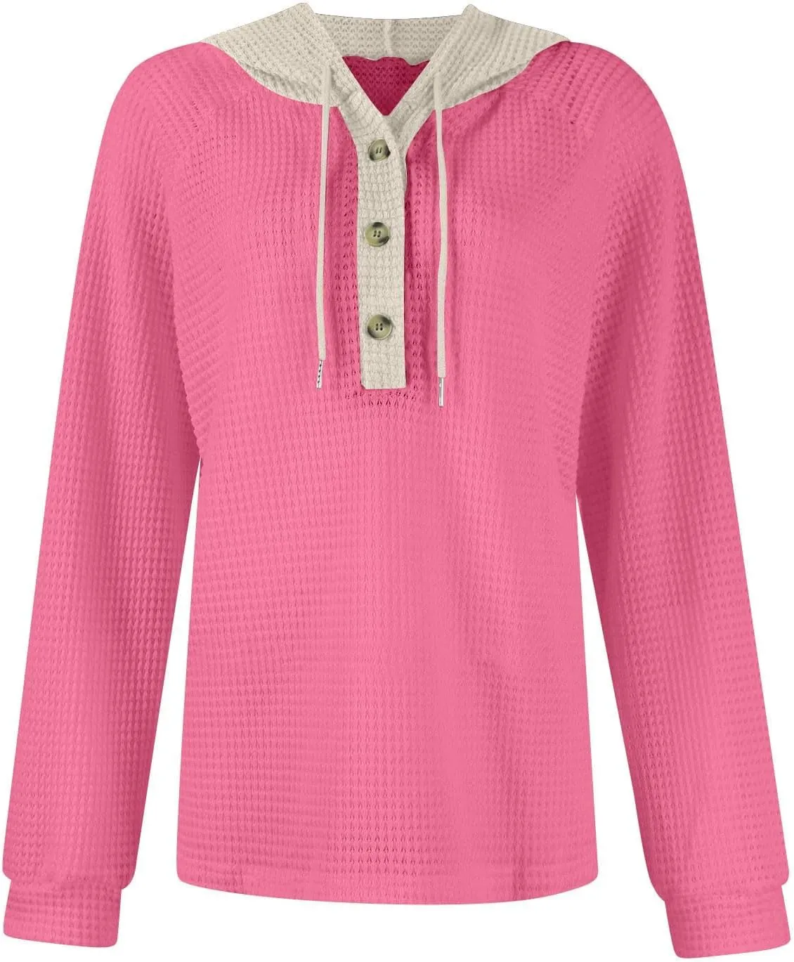 Hoodies for Women Waffle Knit Long Sleeve Drawstring Button V Neck Casual Pullover Sweatshirt Oversized Shirts Y2k Top