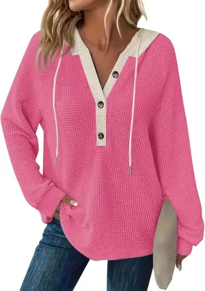 Hoodies for Women Waffle Knit Long Sleeve Drawstring Button V Neck Casual Pullover Sweatshirt Oversized Shirts Y2k Top