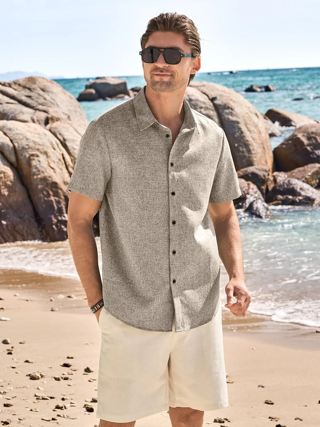 HOTake Men's Casual Linen Shirts Short Sleeve Button Down Summer Beach Vacation Wedding Shirts
