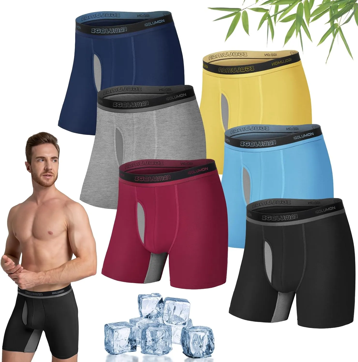 IGOLUMON Mens Underwear Boxers 6 Pack Bamboo Rayon Breathable Soft Boxer Briefs for Men with Fly Underwear Trunks