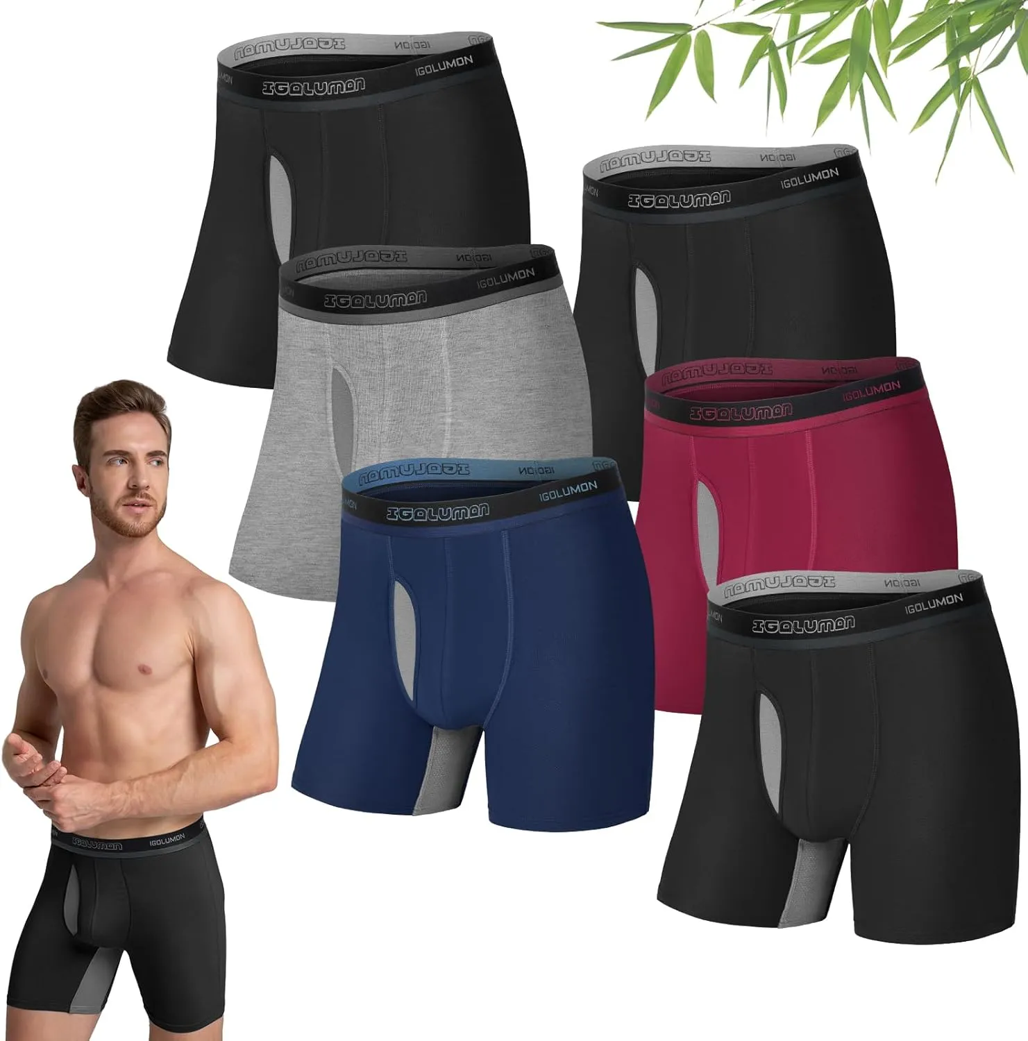 IGOLUMON Mens Underwear Boxers 6 Pack Bamboo Rayon Breathable Soft Boxer Briefs for Men with Fly Underwear Trunks