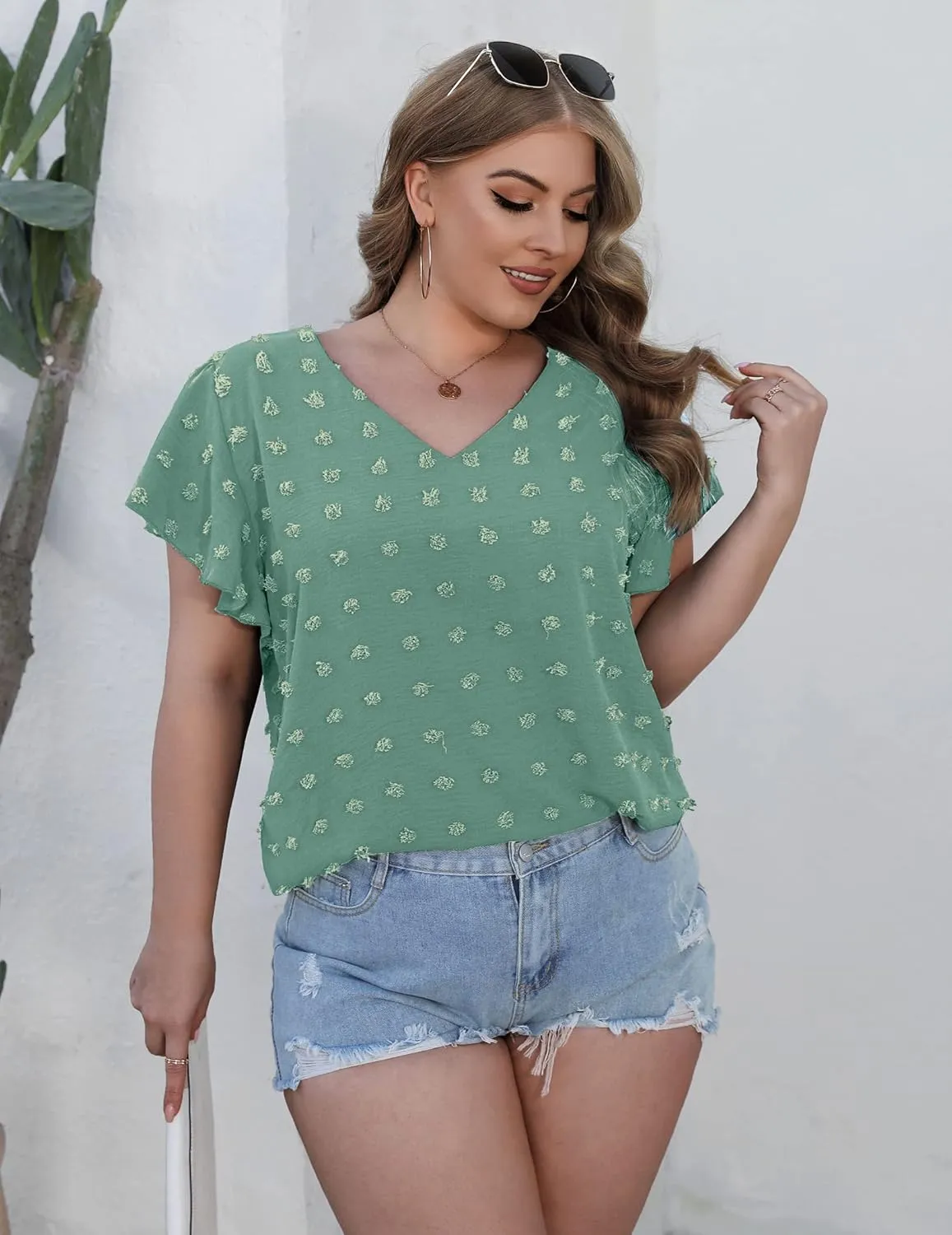 IN'VOLAND Womens Plus Size White Blouse Dressy V Neck Cute Ruffle Sleeve Summer Tops Flowy Pom Pom Tshirts