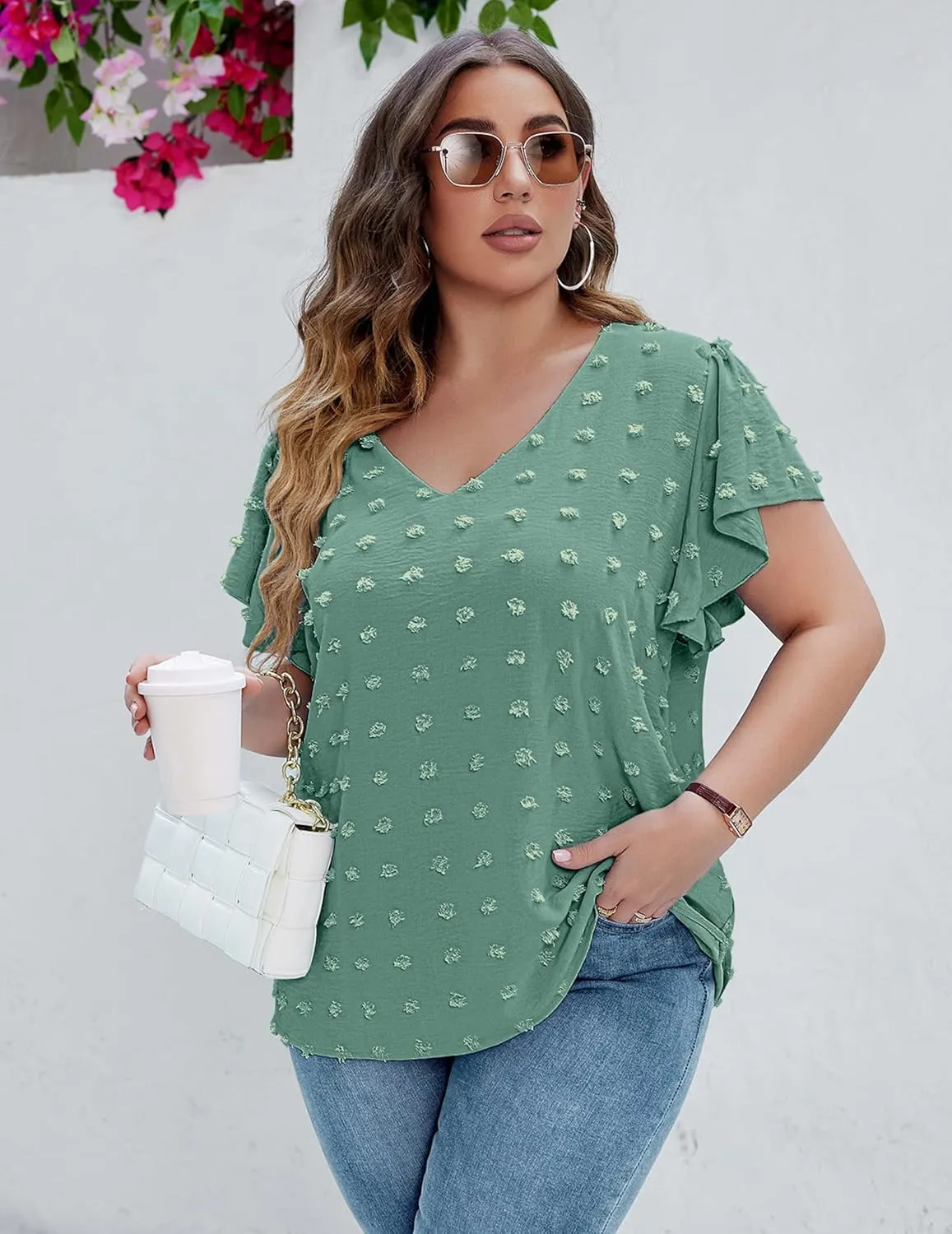 IN'VOLAND Womens Plus Size White Blouse Dressy V Neck Cute Ruffle Sleeve Summer Tops Flowy Pom Pom Tshirts