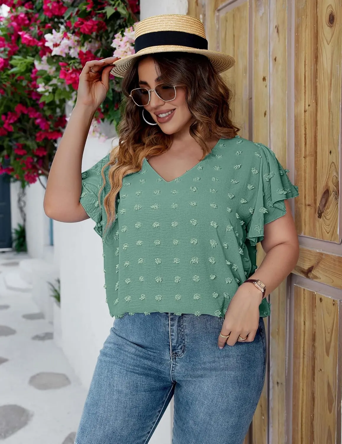IN'VOLAND Womens Plus Size White Blouse Dressy V Neck Cute Ruffle Sleeve Summer Tops Flowy Pom Pom Tshirts