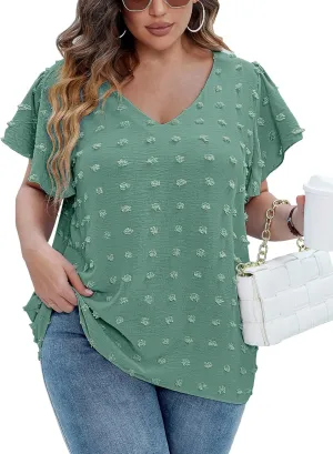 IN'VOLAND Womens Plus Size White Blouse Dressy V Neck Cute Ruffle Sleeve Summer Tops Flowy Pom Pom Tshirts
