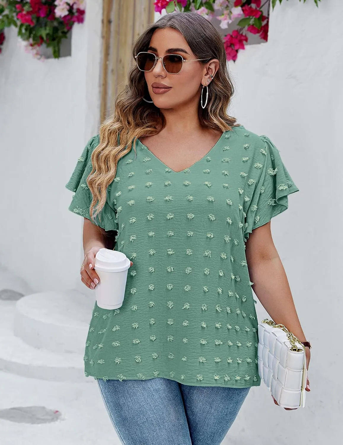 IN'VOLAND Womens Plus Size White Blouse Dressy V Neck Cute Ruffle Sleeve Summer Tops Flowy Pom Pom Tshirts