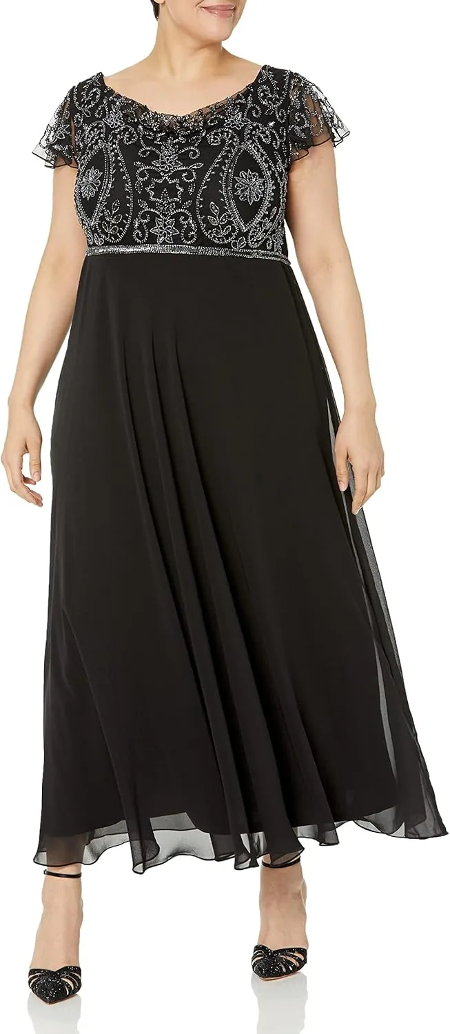 J Kara Women's Back and Front Cowlneck Beaded Short Sleeve Gown